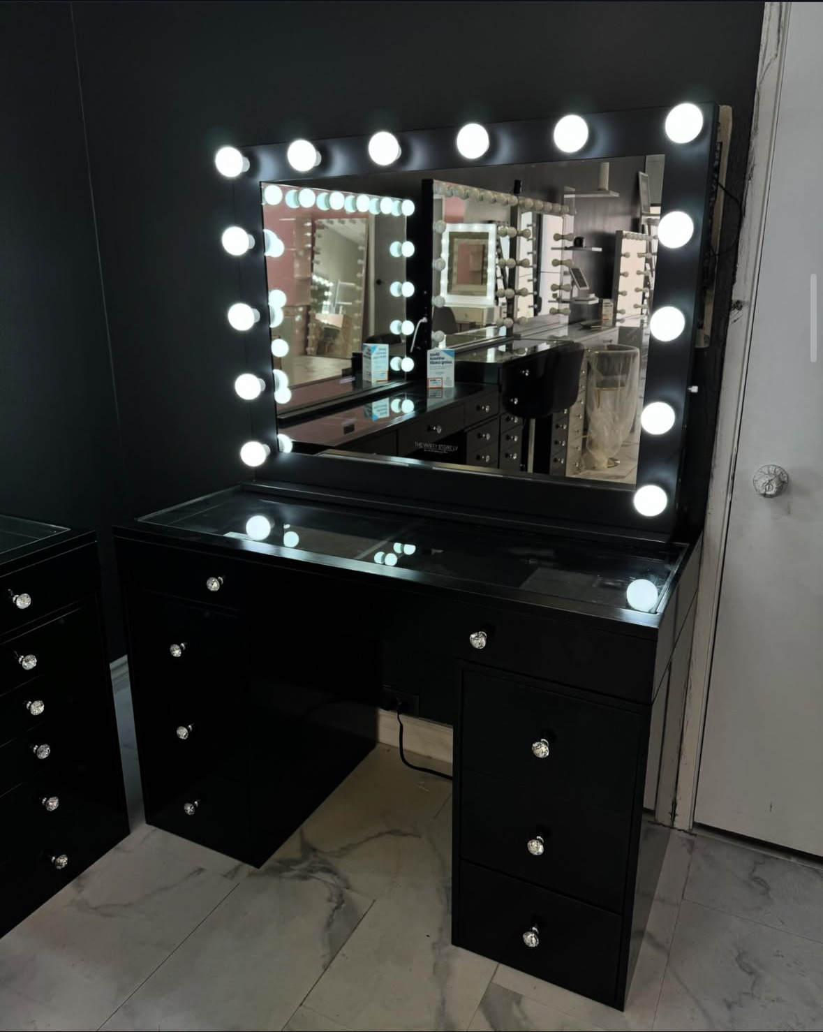 8-drawer glass top vanity with LED dimmable mirror